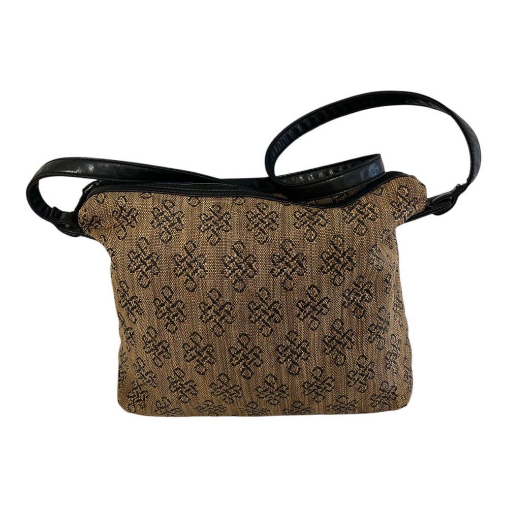 Stone Mountain Tan & Black Floral Tapestry Shoulder Bag with Faux Leather Base &